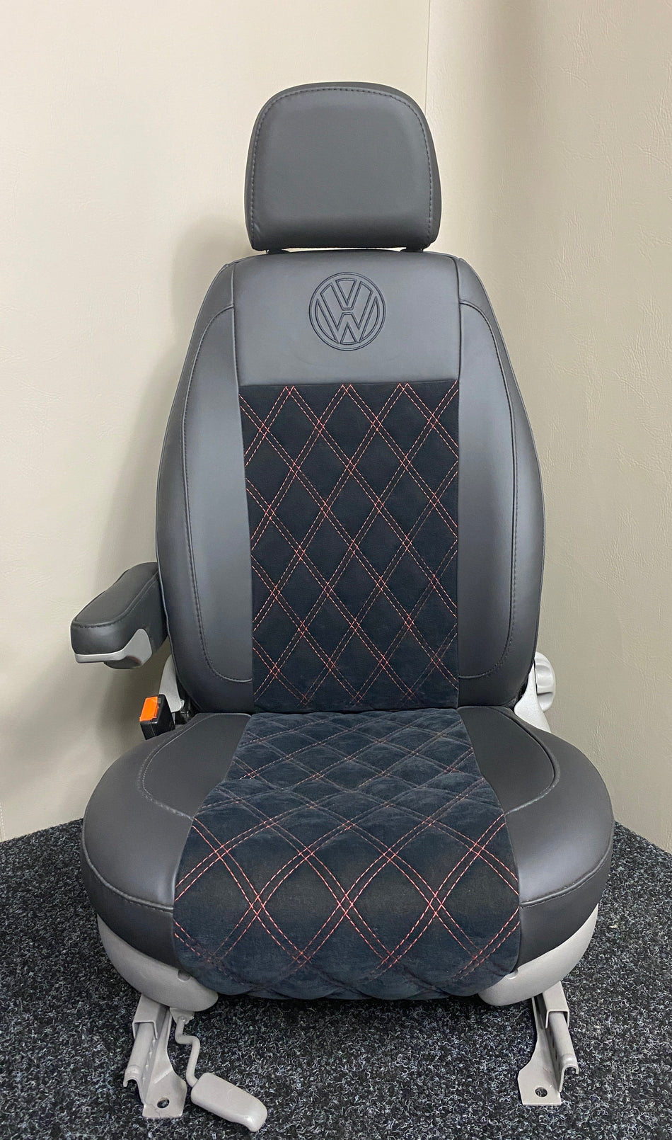 MK1 Replacement Captain Swivel Seat, front view with black microfibre centre panel, red Bentley stitching, black VW logo, and light grey base trim.