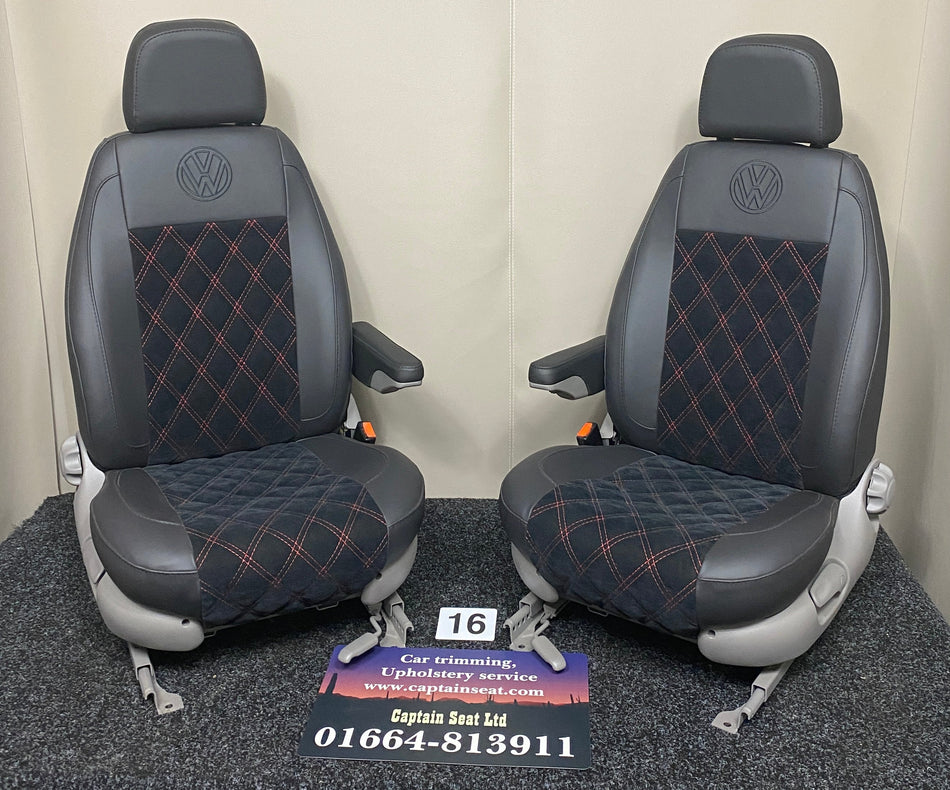 Pair of MK1 Replacement Captain Swivel Seats, front view in black Nappa leather with black microfibre centre panels, red Bentley stitching, VW logos, and light grey trim.