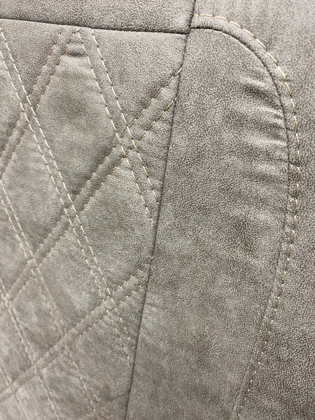 Rock & Roll Bed M1 Tested 3/4 Width, close-up of beige faux suede backrest with detailed Bentley stitch pattern.
