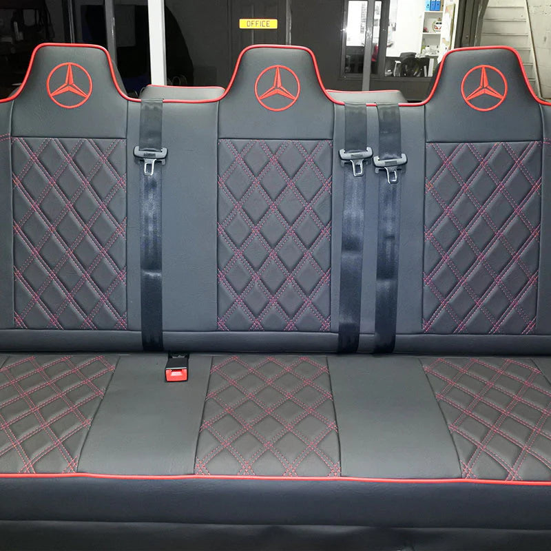 Rock & Roll Beds 3 Seater M1 - full size legged Mercedes Vito, Sprinter & Crafter in black leatherette with red Bentley stitch pattern, red piping and logos.