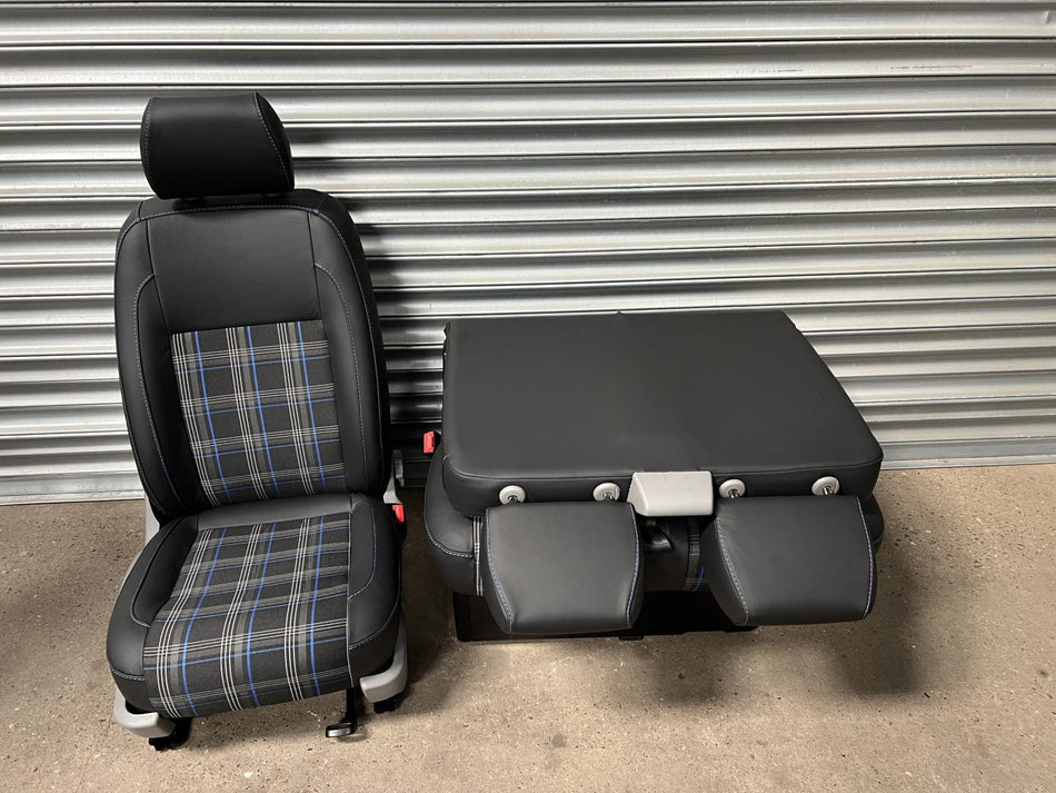 VW T5 T6 front driver and double passenger seat for vehicle from 2003-onwards, from Black Real Leather, Blue GTI tartan fabric.