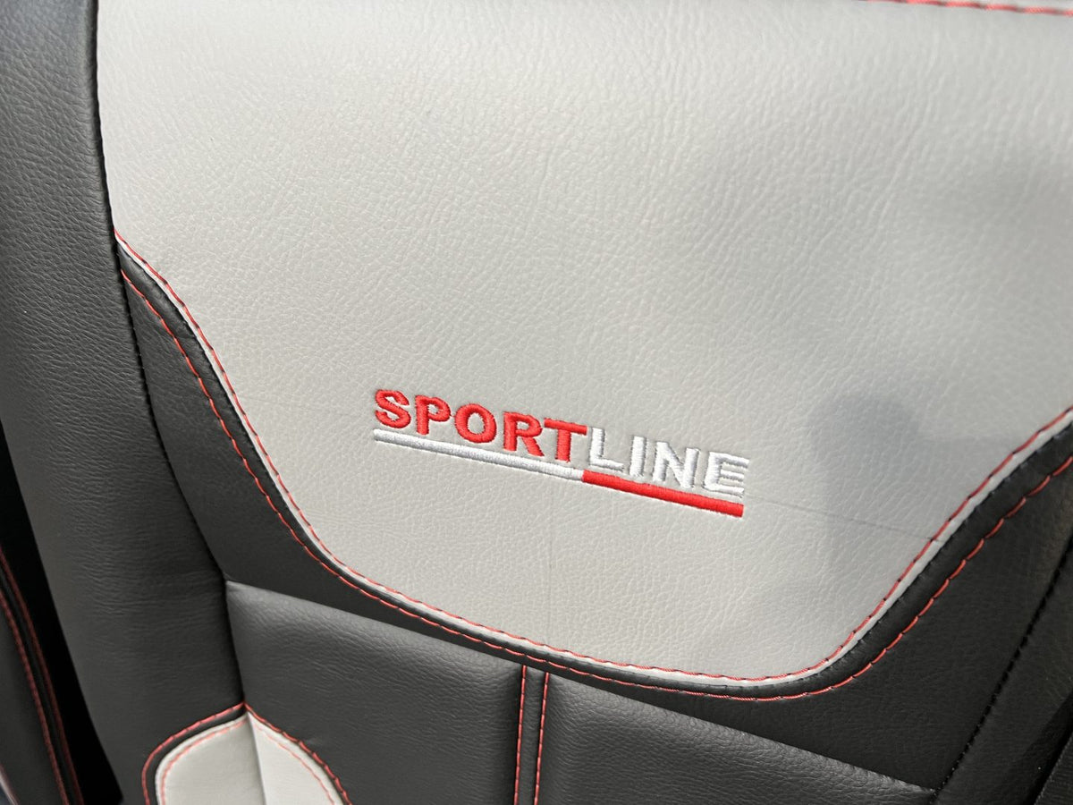 VW T5 T6 front seat, close-up of the Sportline logo on black and light grey leatherette backrest.