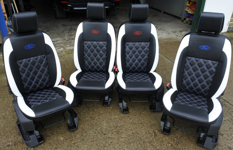 Ford Transit & Custom & Connect Seats in black and white leatherette upholstery with cross stitching.