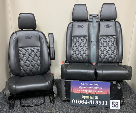 Ford Transit Custom Front Seats in Black Leatherette with black piping, Bentley stitch.