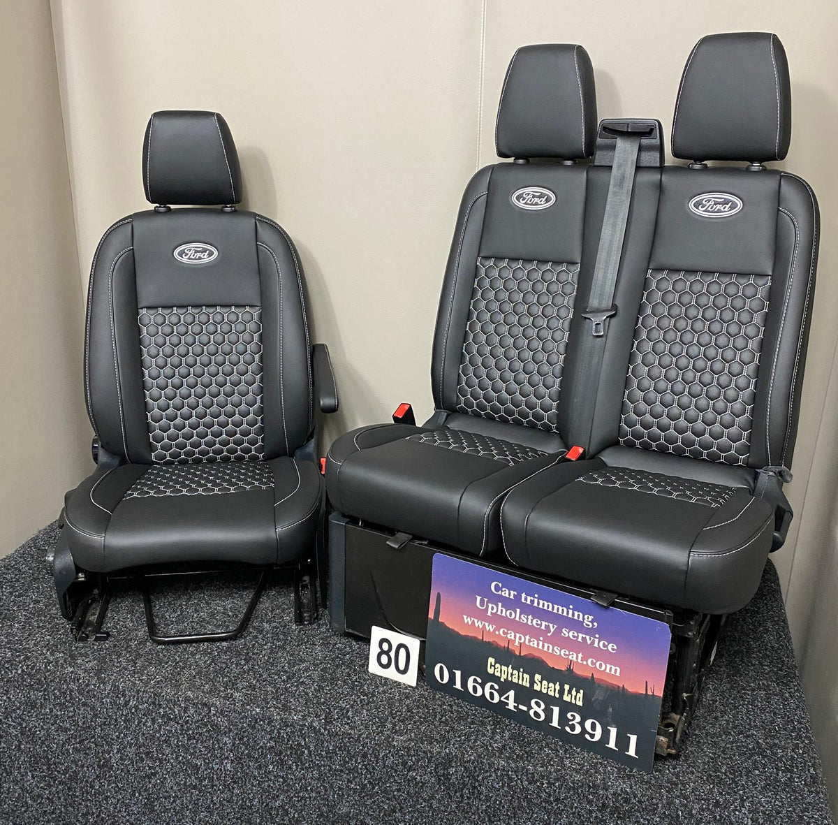 Ford Transit Custom driver seat and double passenger seat in black leatherette with white honeycomb stitching