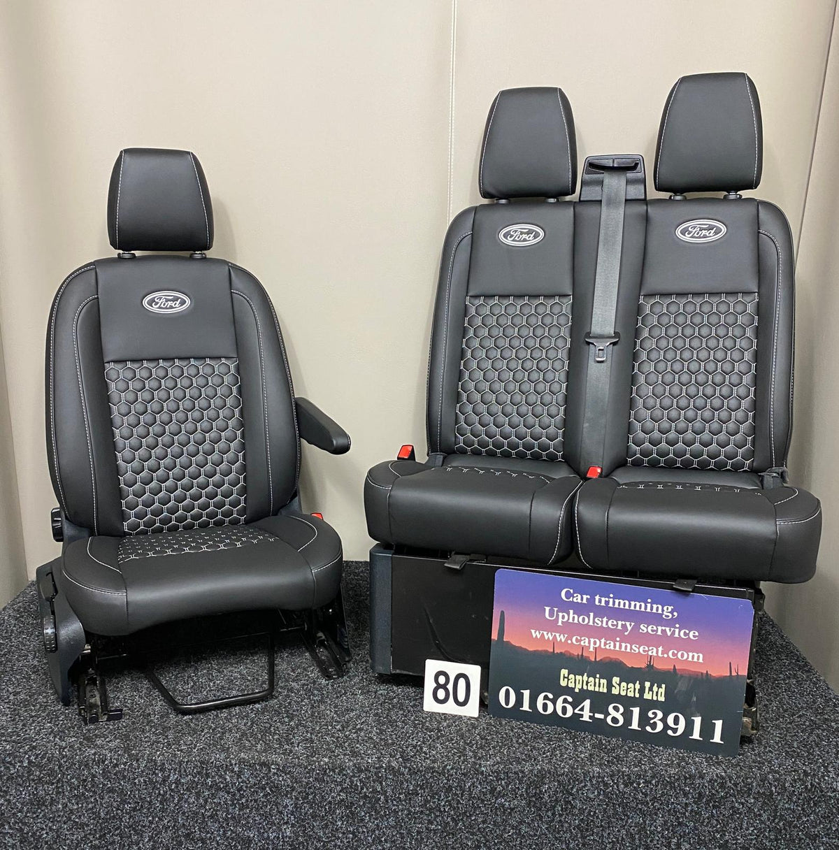 Ford Transit Custom front seats 2+1 in black leatherette with white honeycomb stitched centre panels and Ford logos