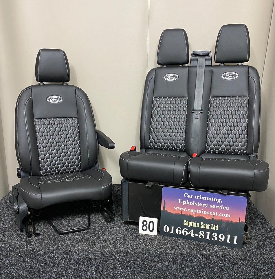 Ford Transit Custom front seats 2+1 in black leatherette with white honeycomb stitched centre panels and Ford logos