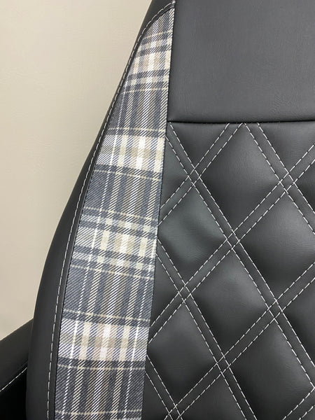 MK1 Replacement Swivel Captain Seat, Tartan leatherette insert with white Bentley cross stitching on black leatherette backrest.