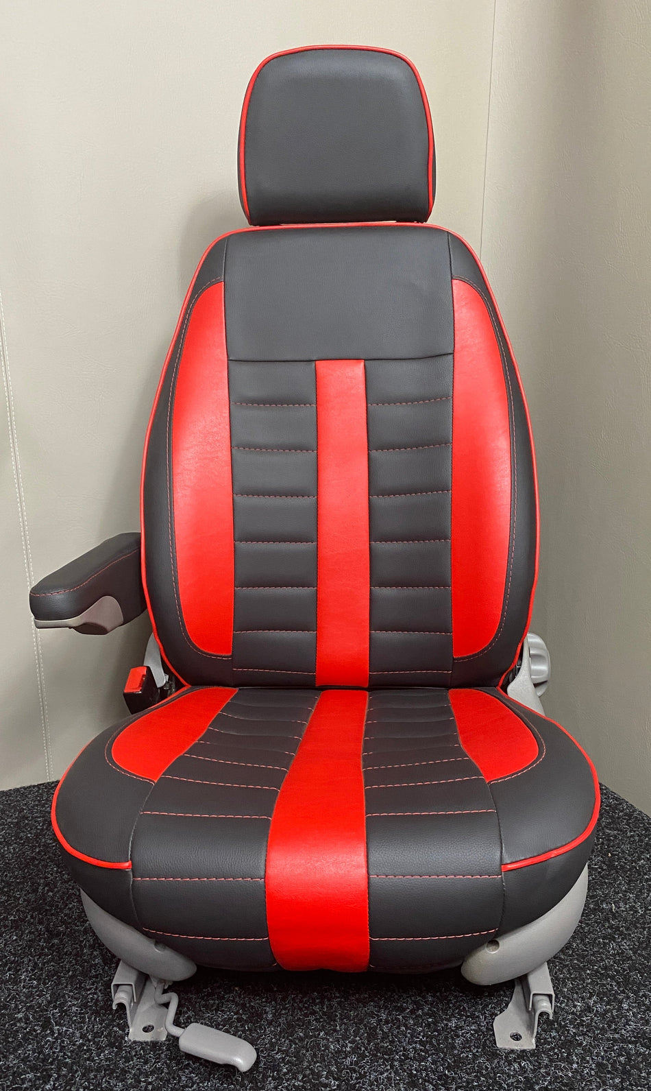 MK1 Replacement Swivel Captain Seat in black leatherette with red leatherette centre and side panels and wide horizontal stitching.