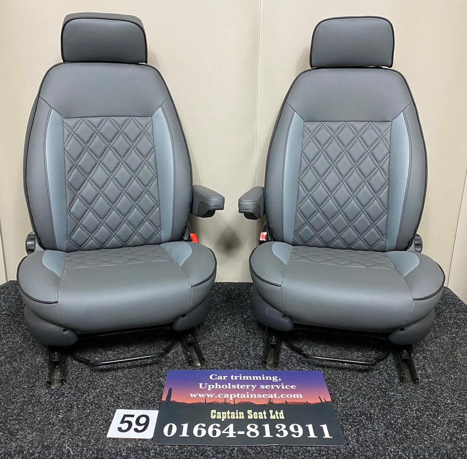 MK2 Replacement Swivel Captain Seats in dark grey leatherette with mid-grey inserts and black Bentley cross-stitch pattern, with single armrests.