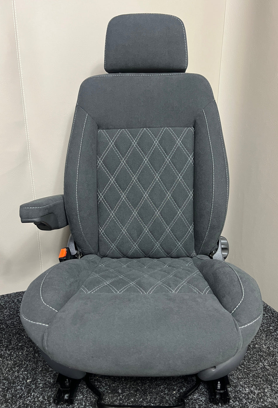 MK3 Replacement Swivel Captain Seat in black faux suede with Bentley stitch pattern, dark grey plastic trim, and a single armrest.