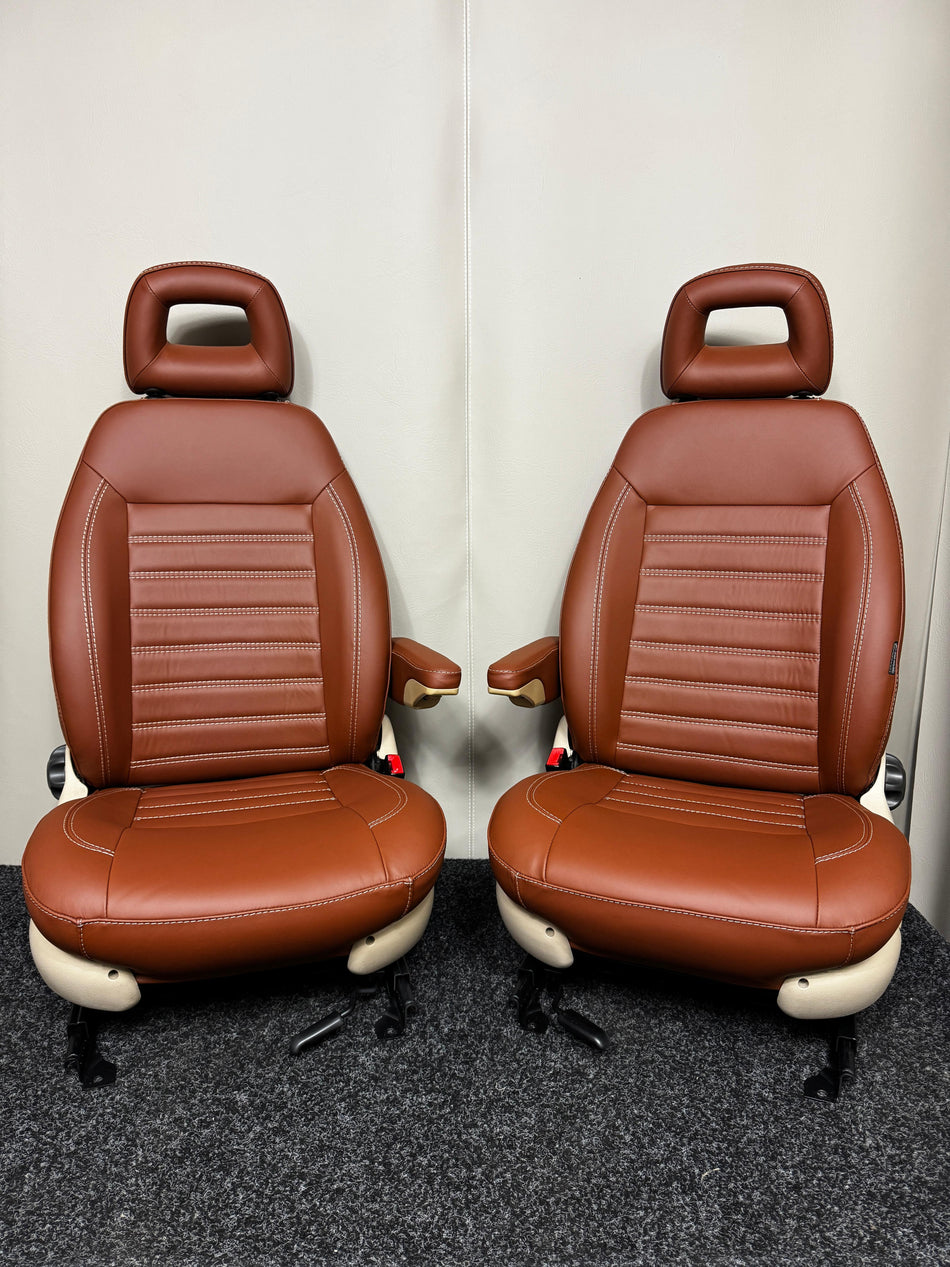 Pair of MK2 Replacement Captain Swivel Seats in brown Nappa leather with horizontal stitching
