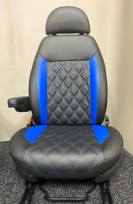MK2 Replacement Swivel Captain Seat, front view highlighting blue inserts, one armrest and diamond-stitched black leatherette.