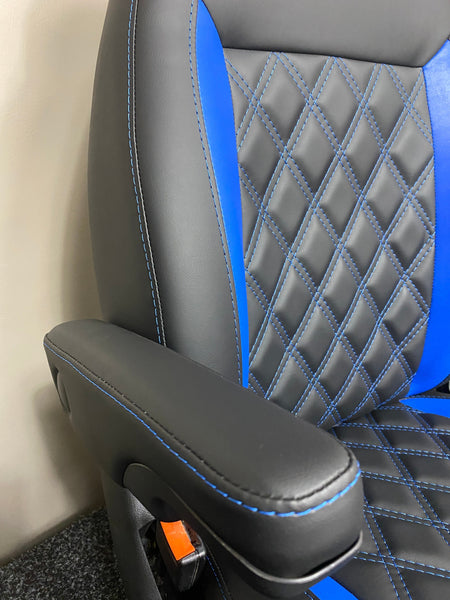 MK2 Replacement Swivel Captain Seat, close-up of the armrest, edge panel and the diamond stitched backrest.