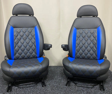 Pair of MK2 Replacement Swivel Captain Seats, front view showing matt black leatherette with blue vertical inserts and full Bentley stitch pattern.