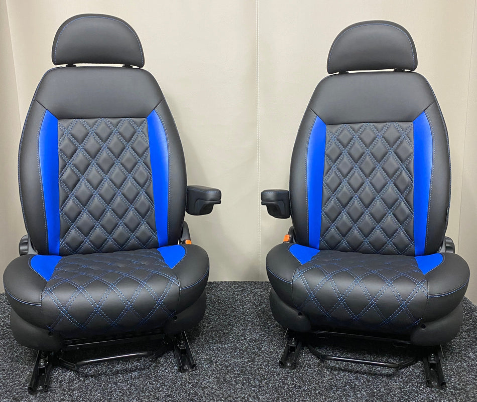 Pair of MK2 Replacement Swivel Captain Seats, front view showing matt black leatherette with blue vertical inserts and full Bentley stitch pattern.