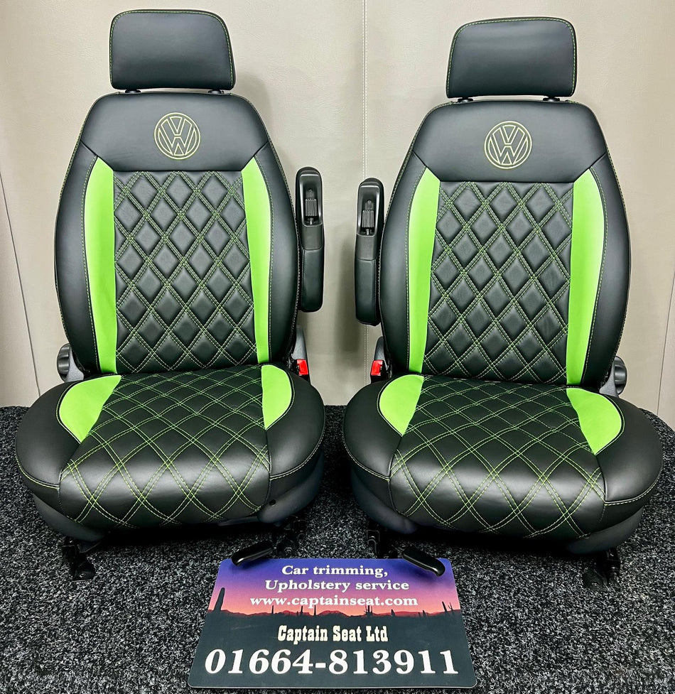 Pair of MK2 Swivel Replacement Captain Seats in Black real leather and green inserts, with Full Bentley stitch pattern and VW logos.