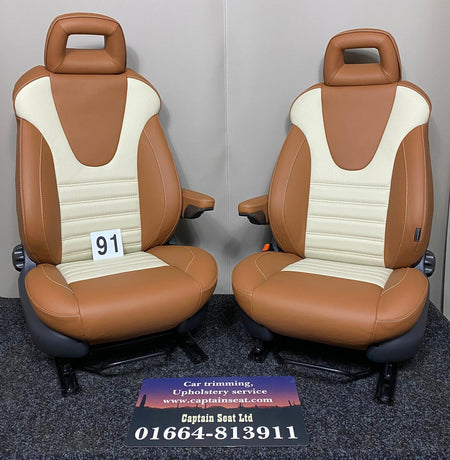 Pair of heated MK4 Replacement Captain Seats in brown Nappa leather with perforated cream centre panels