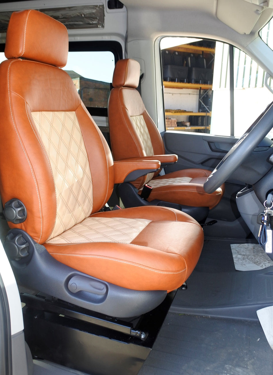 Pair of VW Crafter - MAN TGE - Mercedes Sprinter - Replacement Swivel Captain Seats, side view showing brown and beige leatherette upholstery, armrests and Bentley stitching.