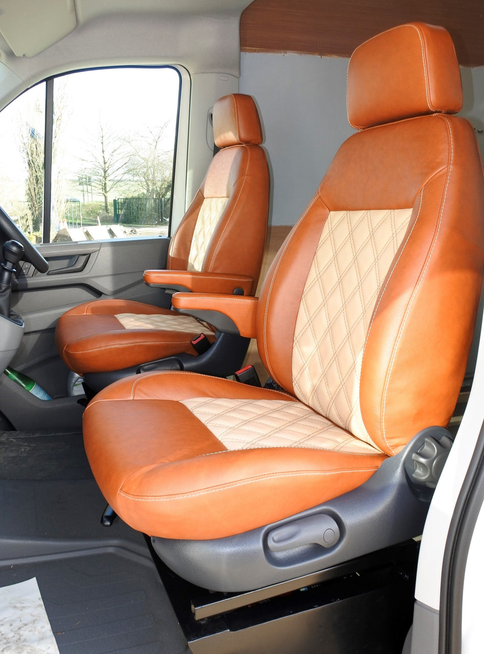 Pair of VW Crafter - MAN TGE - Mercedes Sprinter - Replacement Swivel Captain Seats, side view of brown and beige leatherette with Bentley stitching.
