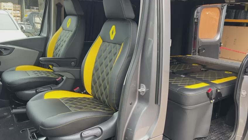 Rock & Roll Bed 3 Seater M1 & MK1 Replacement Swivel Seats in black leatherette with yellow Bentley stitching, Renault logos and piping.