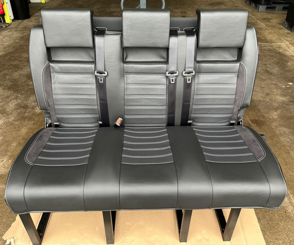 RIB Altair 130 with Isofix, black Nappa leather seats with perforated centre panel, black Alcantara inserts, light grey stitching, and integrated seatbelts.