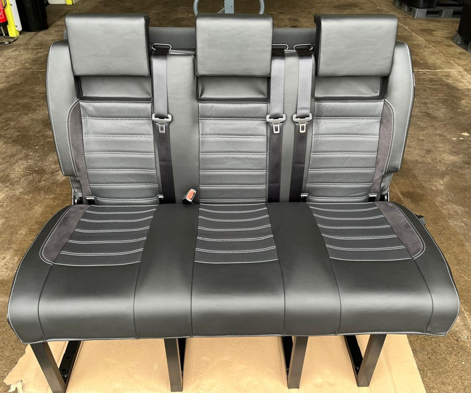 RIB Altair 130 with Isofix, black Nappa leather seats with perforated centre panel, black Alcantara inserts, light grey stitching, and integrated seatbelts.