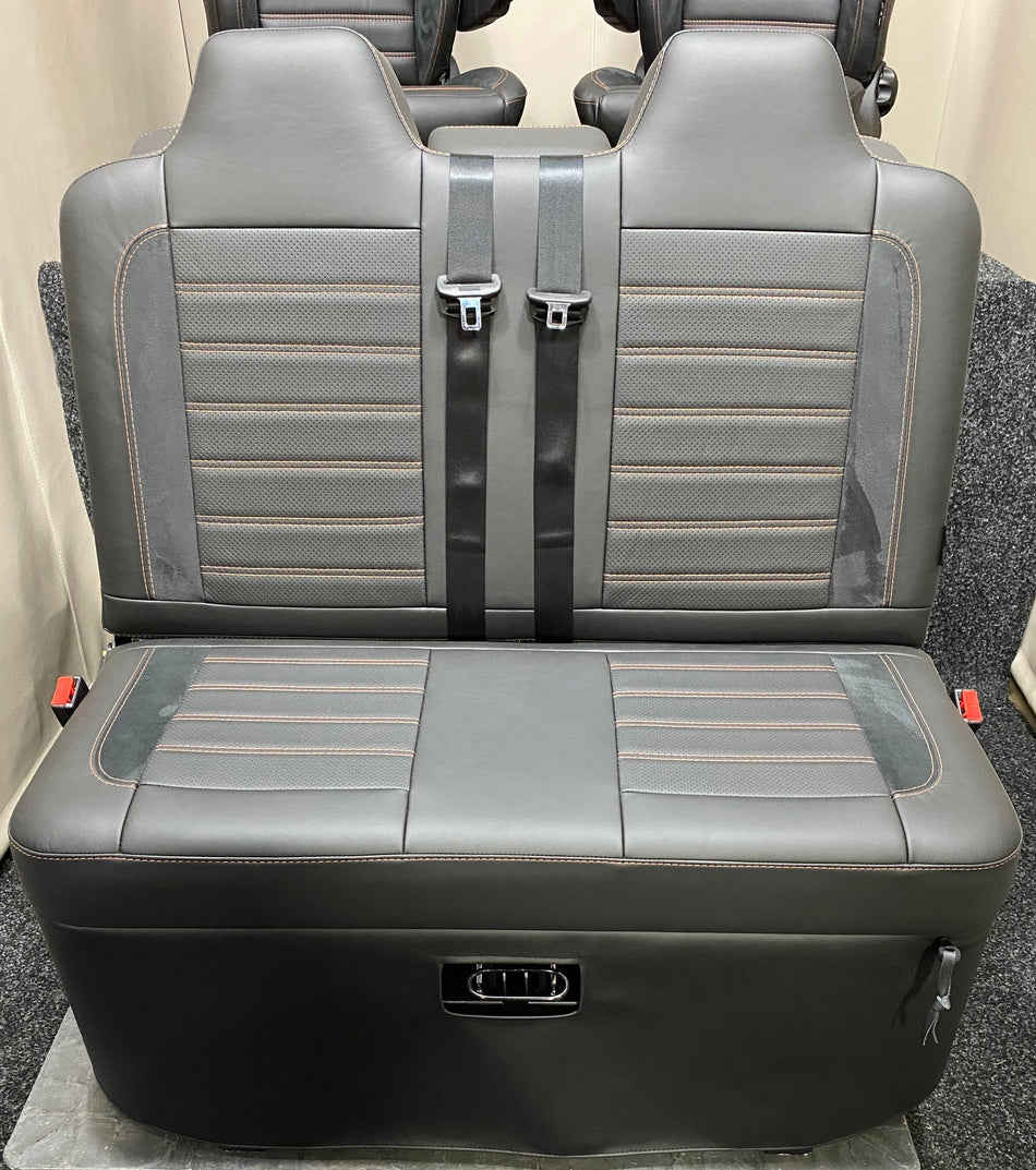 Rock and Roll Bed 3/4 Size M1 Deluxe Legless Gas Assisted front view showing black real leather base and Alcantara centre panels with horizontal orange stitching.
