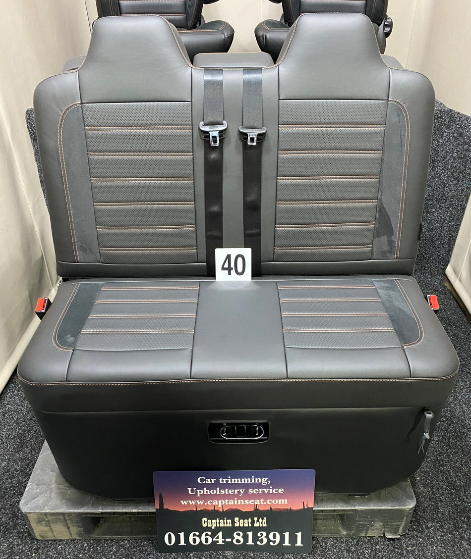 Rock and Roll Bed 3/4 Size M1 Deluxe Legless Gas Assisted with black real leather and Alcantara centre panels, orange horizontal stitching.