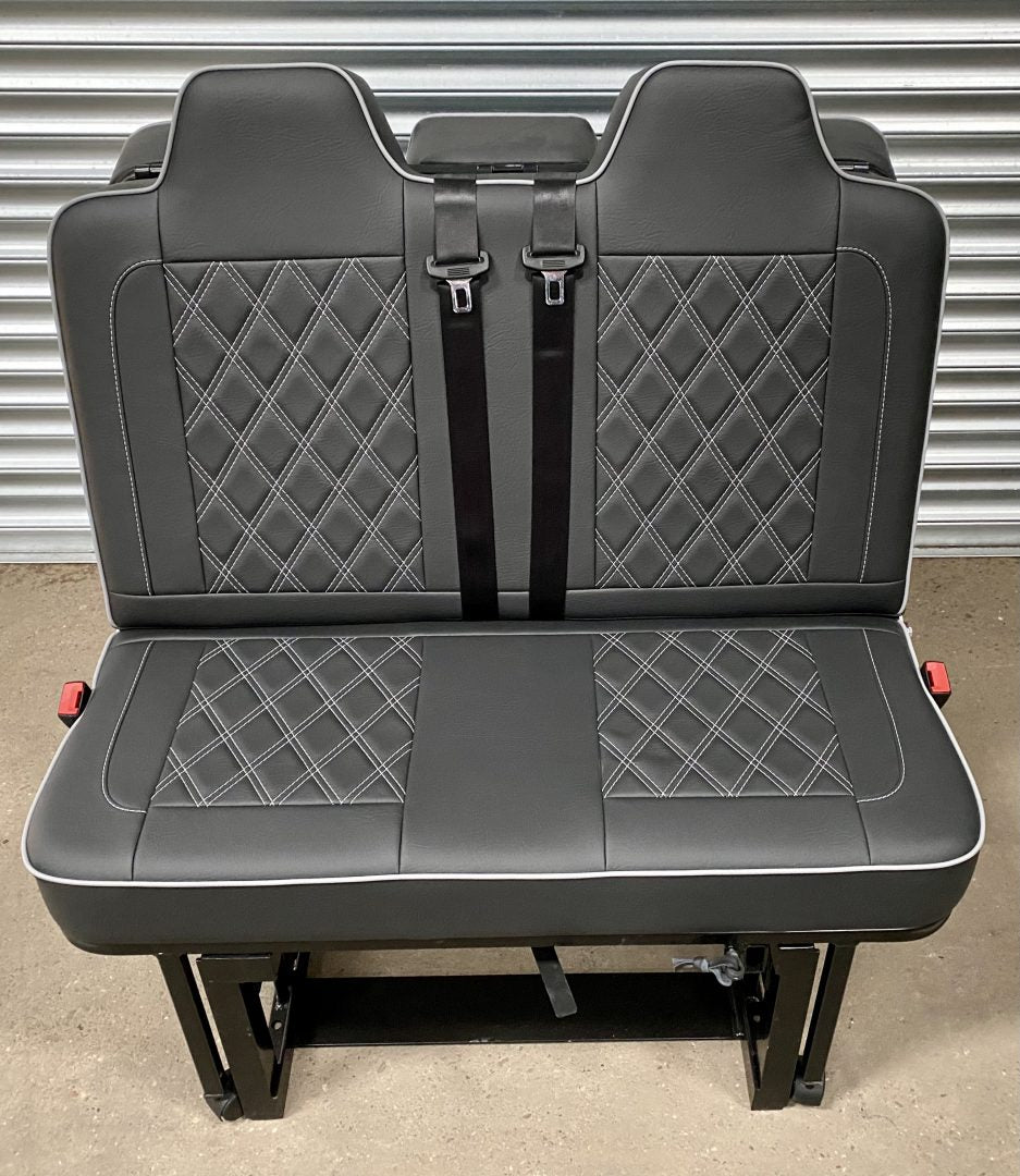 Rock and roll bed 3/4 size M1 tested legged gas assisted in black leatherette with light grey cross stitching and piping.