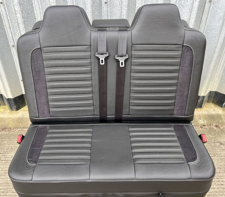Rock and roll bed 3/4 width Deluxe Legless - 2 Seater - Real Leather M1 gas assisted in black leather with black Alcantara inserts, light grey double horizontal stitching and integrated seatbelts.
