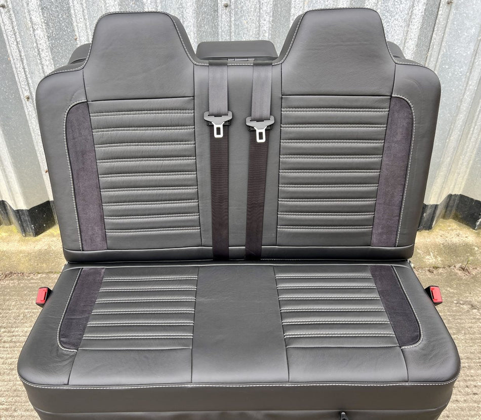 Rock and roll bed 3/4 width Deluxe Legless - 2 Seater - Real Leather M1 gas assisted in black leather with black Alcantara inserts, light grey double horizontal stitching and integrated seatbelts.