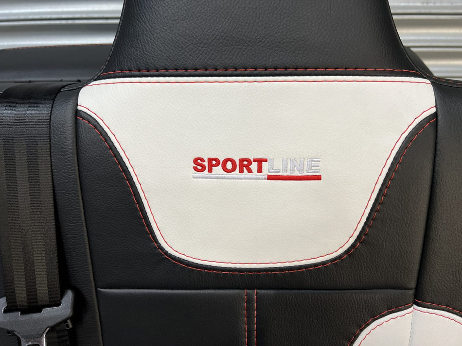 Rock and roll bed 3/4 width M1 tested gas assisted legged, close-up of the backrest showcasing Sportline logos.