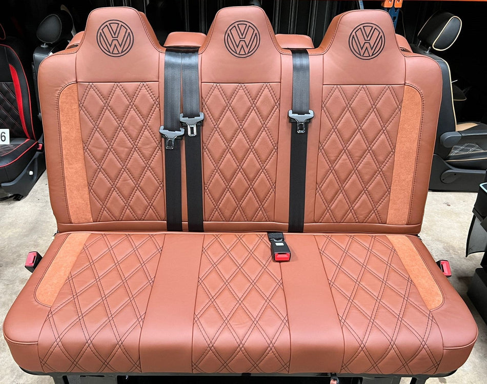 Rock and Roll Bed Custom 120cm 3 Seater in brown leatherette with tan inserts, black Bentley stitching and VW logos.