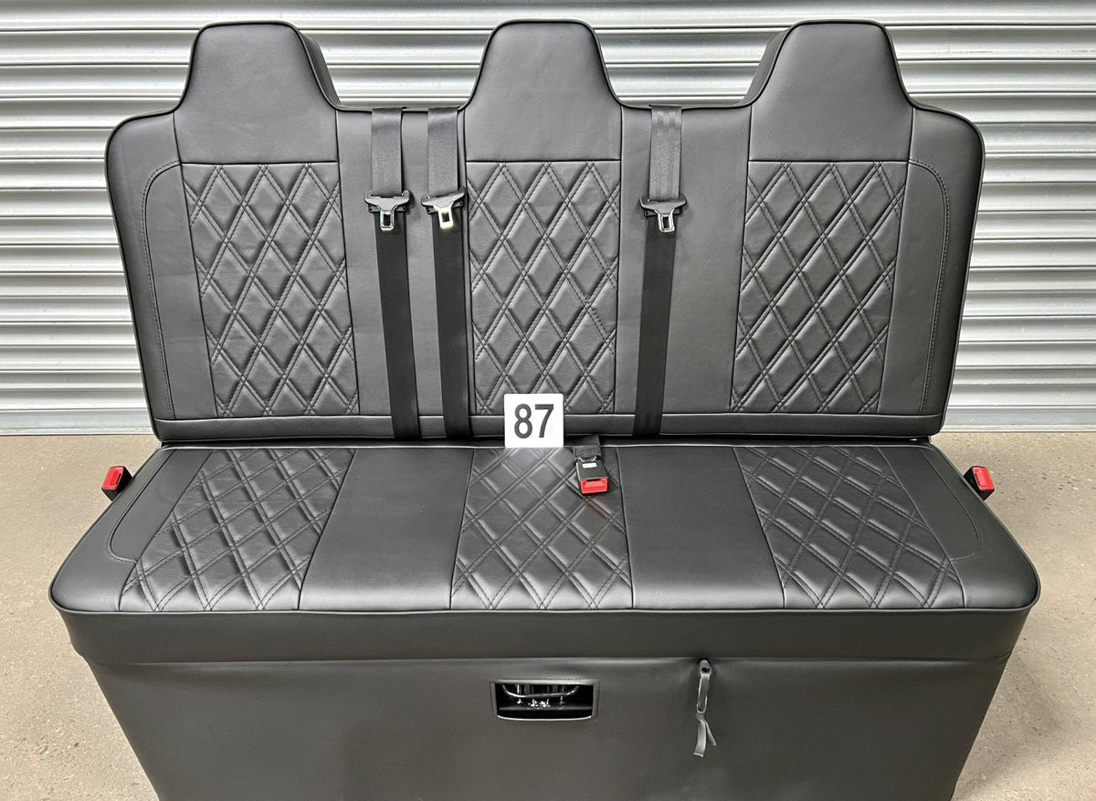 Rock and roll bed full width 3 seater M1 tested gas assisted in black leatherette with Bentley stitching and black piping.