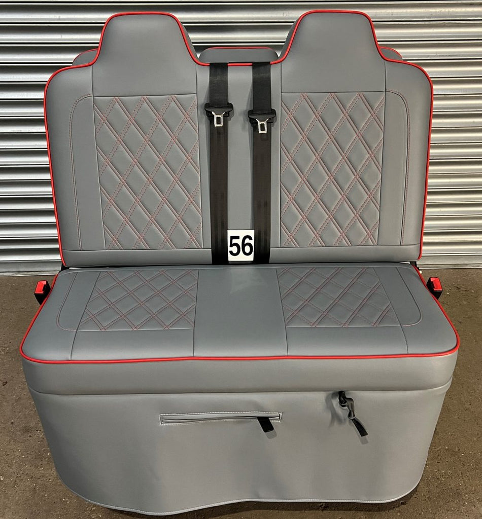 Rock and roll bed M1 tested 3/4 gas assisted legged in grey leatherette with red cross stitching and piping.