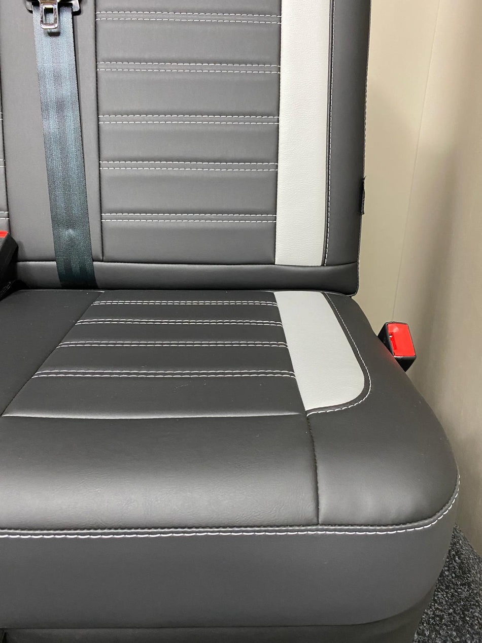 Rock and roll bed Three Seater-gas assisted leisure-120 cm in black leatherette with light grey inserts, light grey Bentley cross stitching, and precise stitching details on the seat base and backrest.