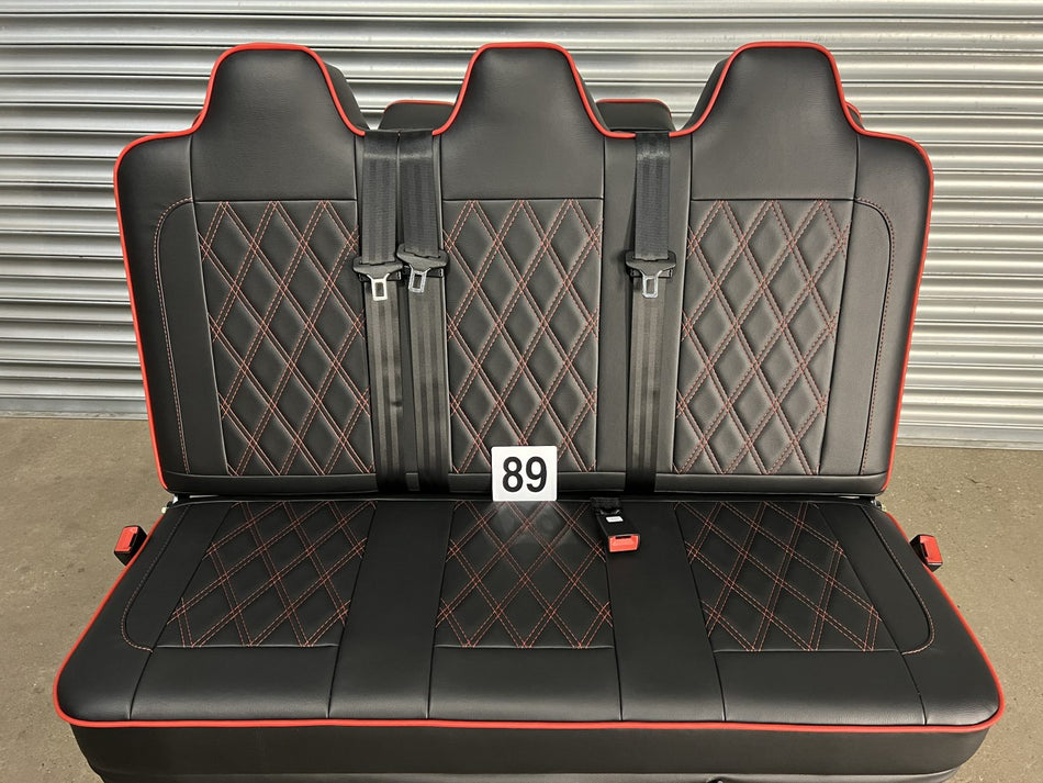Rock and roll bed Three Seater - gas assisted leisure - 120 cm in black leatherette upholstery with red Bentley cross stitching and piping.