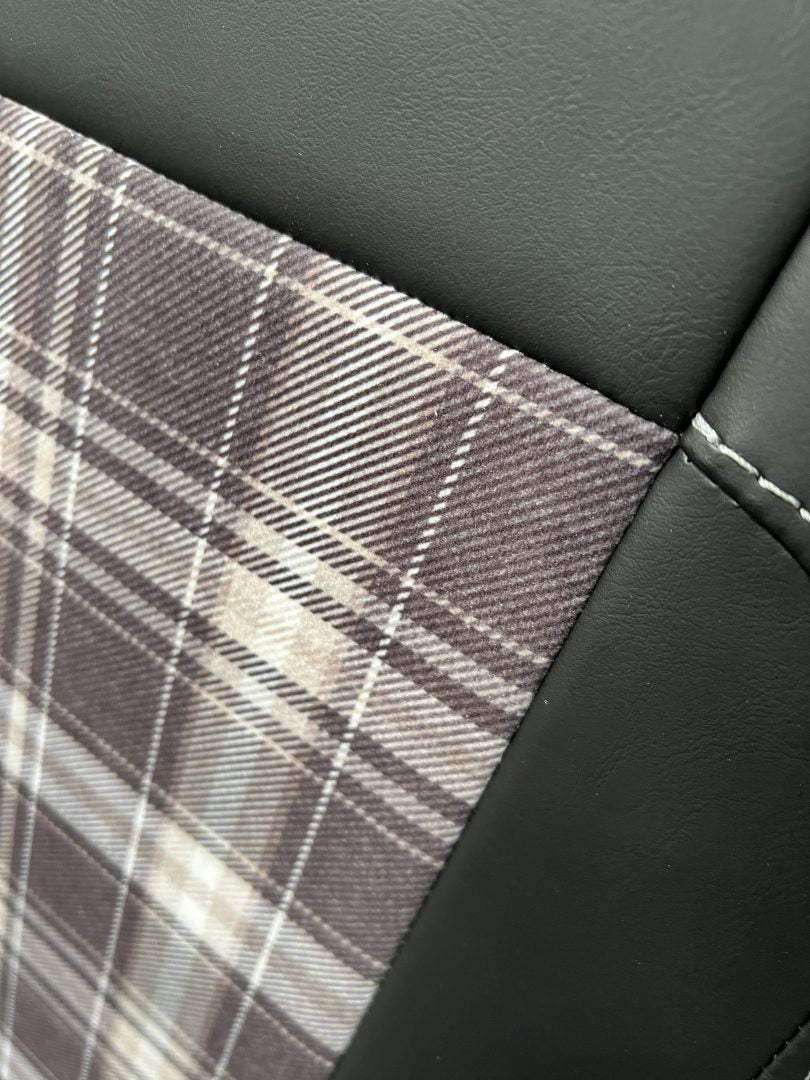 Backrest in Black leatherette, with upgraded tartan fabric centre panel.