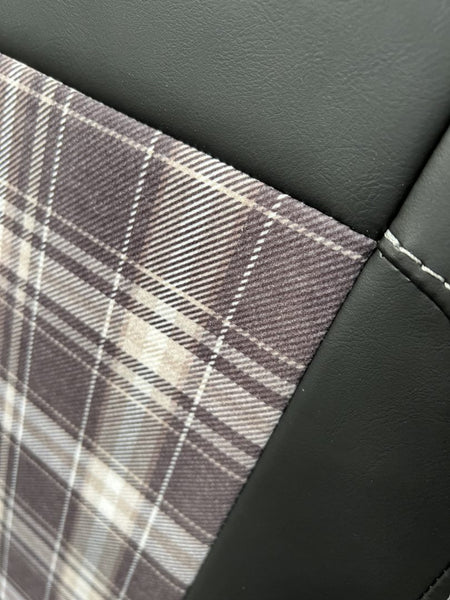 Backrest in Black leatherette, with upgraded tartan fabric centre panel.