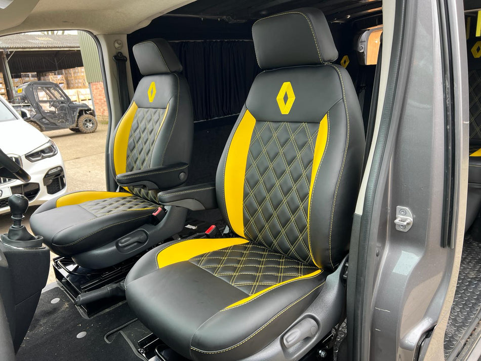 MK1 Replacement Swivel Seats side angle showing fitted black leatherette seats with yellow piping, logos and Bentley cross stitching.