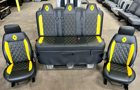 Rock & Roll Bed 3 Seater M1 & MK1 Replacement Swivel Seats, front view showing black leatherette, yellow logos, piping and Bentley cross stitch design.