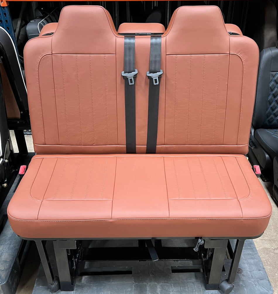 Rock & Roll Bed 3/4 - 2 Seater M1 Tested Gas Assisted in Tan Leatherette with vertical stitching and integrated seatbelts.