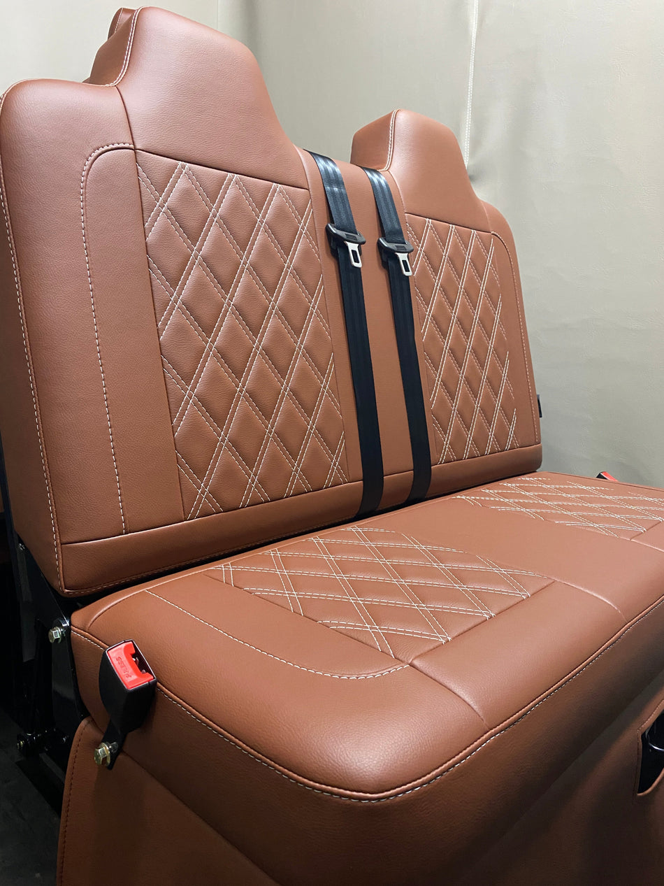 Rock & Roll Bed 3/4 M1 Tested 2 Seater Gas Assisted, angled view showing brown leatherette, Bentley cross stitching and seatbelts.