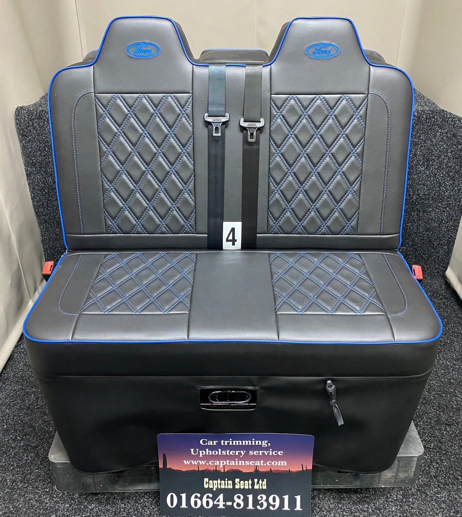 Rock & Roll Bed 3/4 M1 Tested 2 Seater – Gas Assisted Legged, front view of black leatherette seat with blue Bentley stitching, blue piping, and Ford logos.