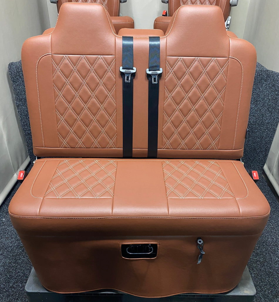Rock & Roll Bed 3/4 M1 Tested 2 Seater Gas Assisted, in brown leatherette with Bentley cross stitching and integrated seatbelts.