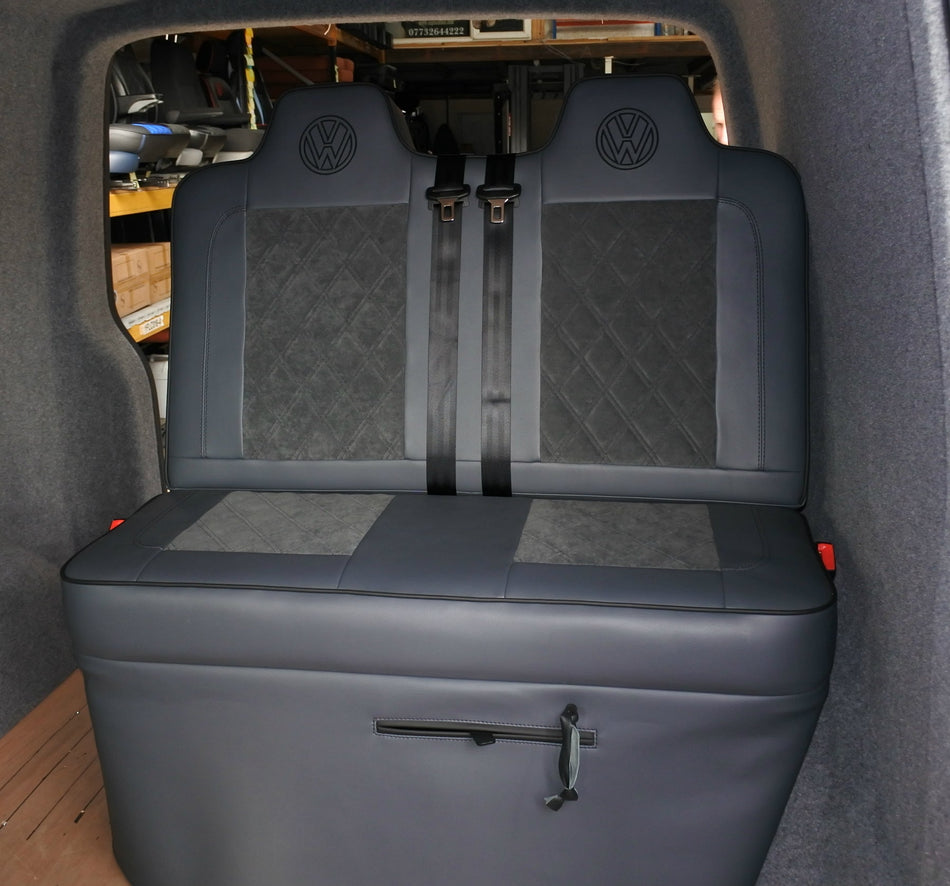 Rock & Roll Bed 3/4 Size M1 tested Deluxe - Legless Gas Assisted, front view of grey leatherette with upgraded, Alcantara centre panels and VW logos on the headrests.