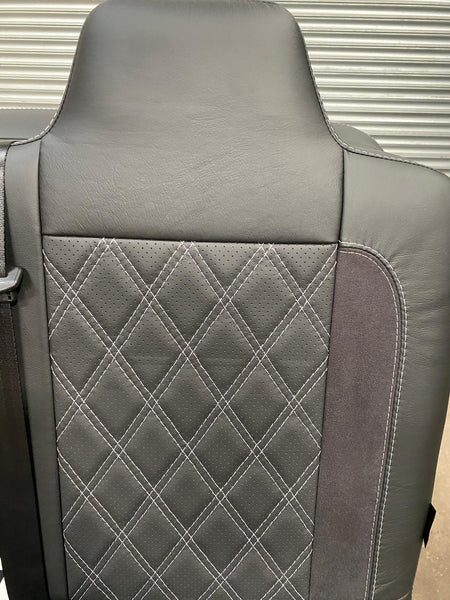 Rock & Roll Bed 3/4 Size M1 tested Legless Gas Assisted, close-up of backrest with grey Bentley stitching on perforated leather and black Alcantara side insert.