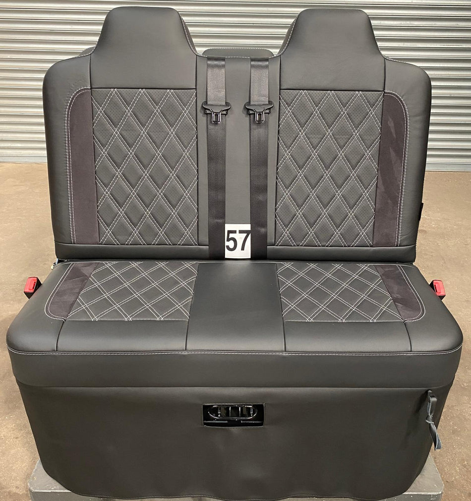 Rock & Roll Bed 3/4 Size M1 tested Legless Gas Assisted, front view showing black real leather with perforated centre panels, Alcantara inserts, and Bentley stitching.