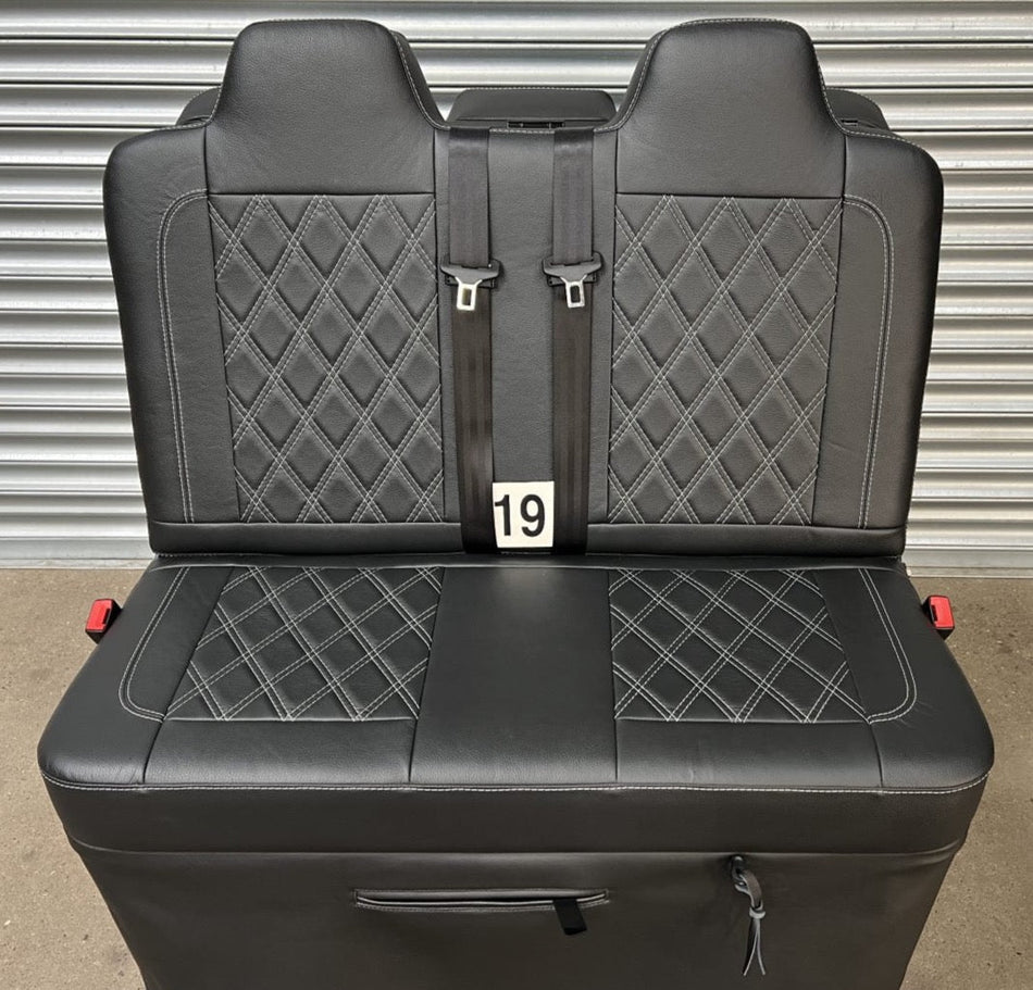 Rock & Roll Bed 3/4 width M1 Tested Legged in black real leather with grey Bentley stitch pattern.